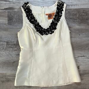 Tory Burch Beaded Embellished Silk Sleeveless Top Ivory Size 4